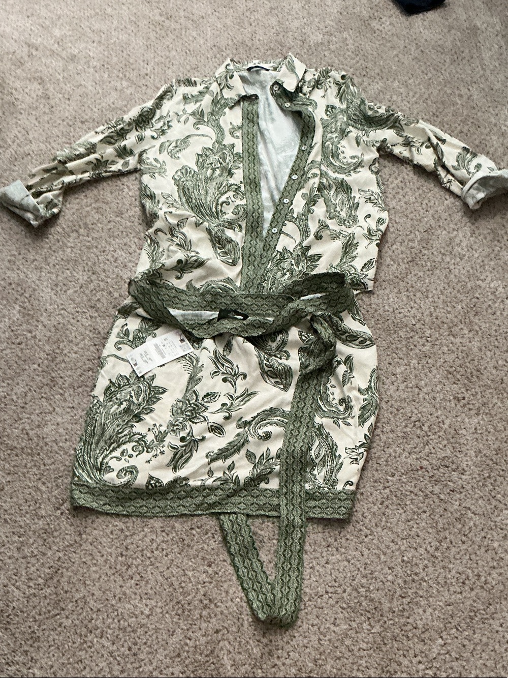 Zara Cream and Green Paisley Belted Shirt Dress